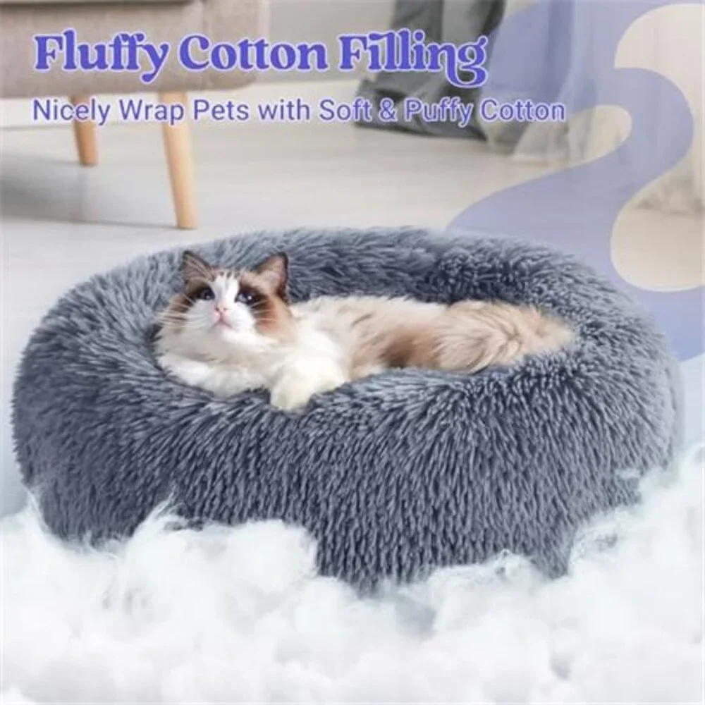 Round Cat Bed Plush Donut Self Warming Small Dog Kitten Cushion Soft Indoor Pet